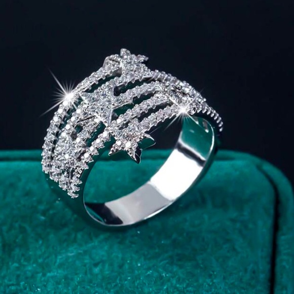 Luxury Jewelry - Simulated Diamonds Wrapped Style Star Micro Paved Wide Band Bling Glam Ring, 7